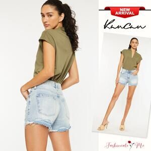 KanCan High Rise Waist Released Hem Distressed Zip Fly Light Wash Denim Shorts